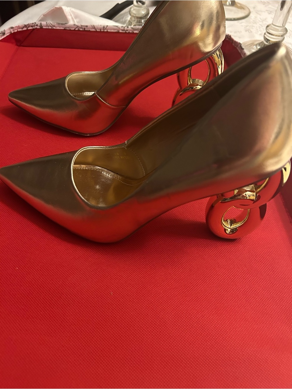 Metallic Gold High-Heel Pumps with Sculptural Gold Accent Heel